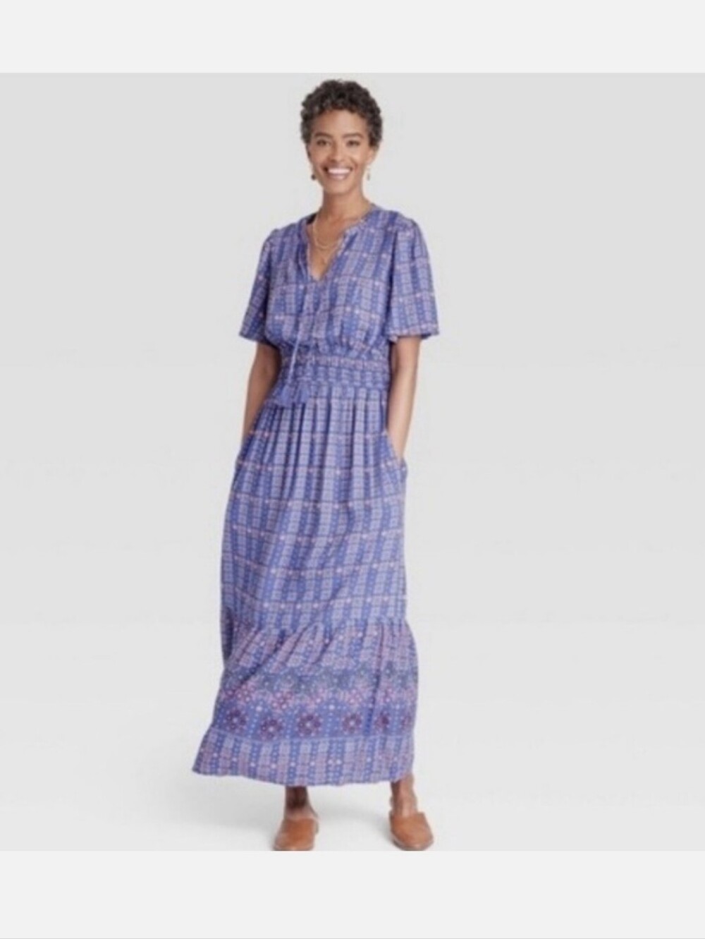 Knox Rose Blue Floral Tie-Waist Maxi Dress L